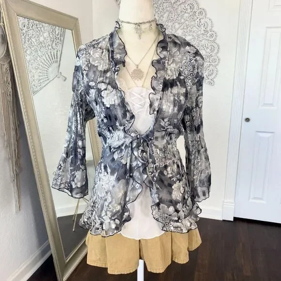 Studio 1940 Silver Grey Sheer Mesh Early 2000's Ruffle Front Tie Cardigan 14 16 - Picture 2 of 7
